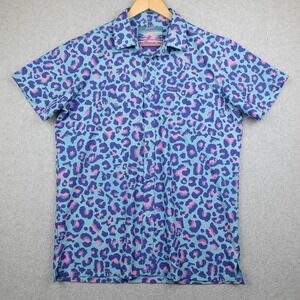 Retro Rifle Shirt Mens Large Blue Leopard Pistol Print Short Sleeve Button Down